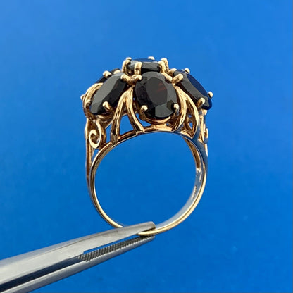 Retro 10K Yellow Gold Oval Garnet Floral Cluster January Occasion Cocktail Ring