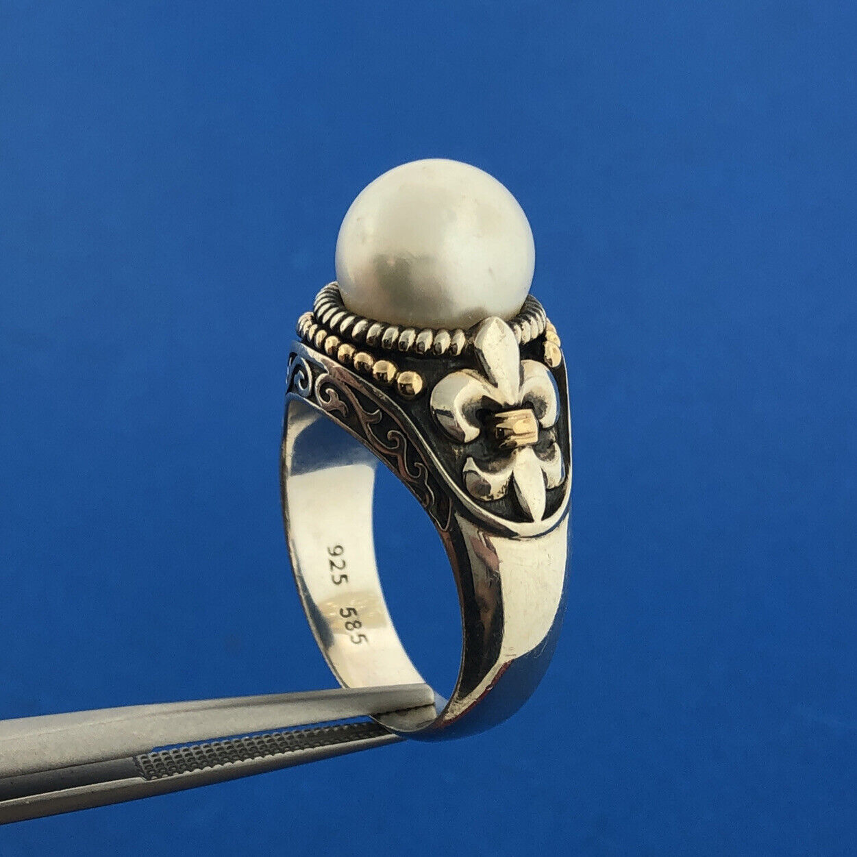 Designer HVE Sterling Silver 14K Yellow Gold Pearl Solitaire Fleur De Lis Ring
