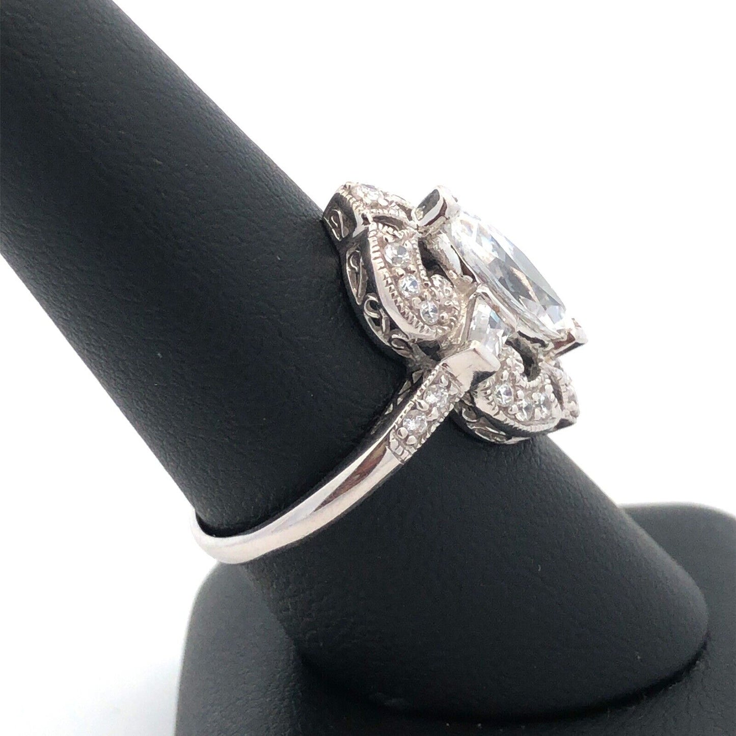 Designer MEDA 14K White Gold Cubic Zirconia Solitaire W/Accents Statement Ring