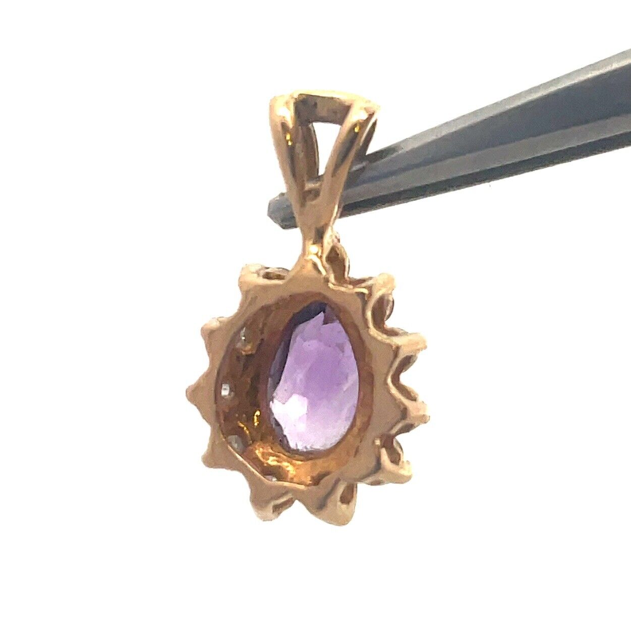 Vintage Designer 14K Yellow Gold Pear Amethyst Diamond Halo Teardrop Pendant