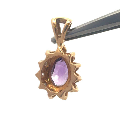Vintage Designer 14K Yellow Gold Pear Amethyst Diamond Halo Teardrop Pendant