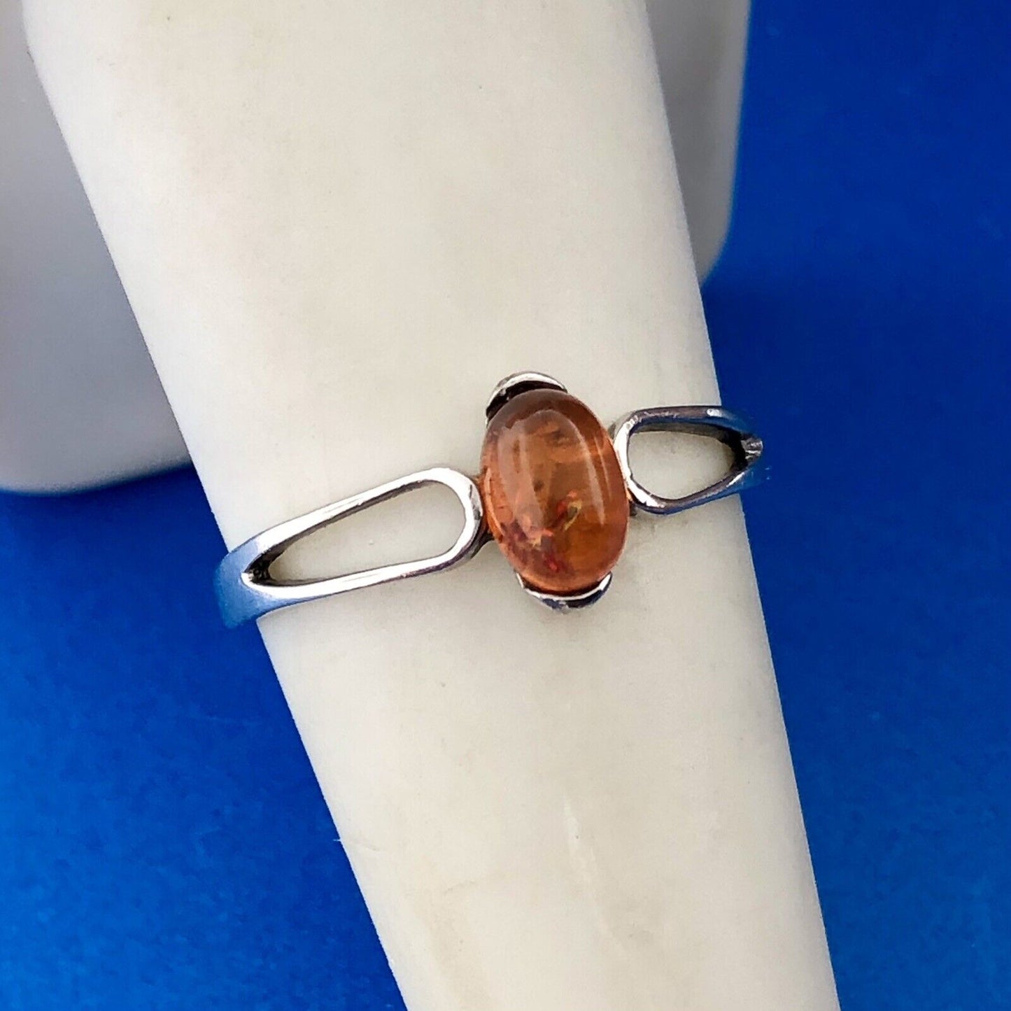 Modernist 925 Sterling Silver Oval Amber Cabochon Ring