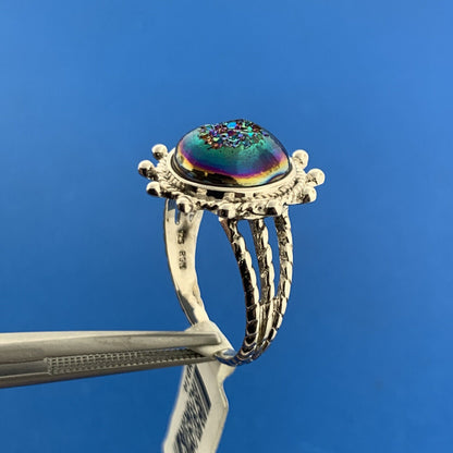 Designer RGN 925 Sterling Silver Druzy Quartz Round Cabochon Solitaire Ring NWT