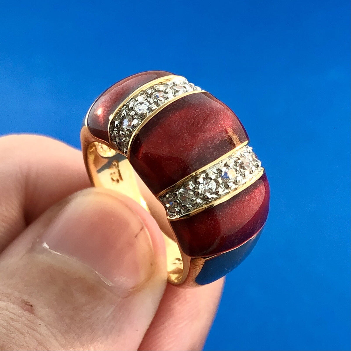 Stunning 925 Sterling Silver Red Enamel Cubic Zirconia Statement Dome Ring