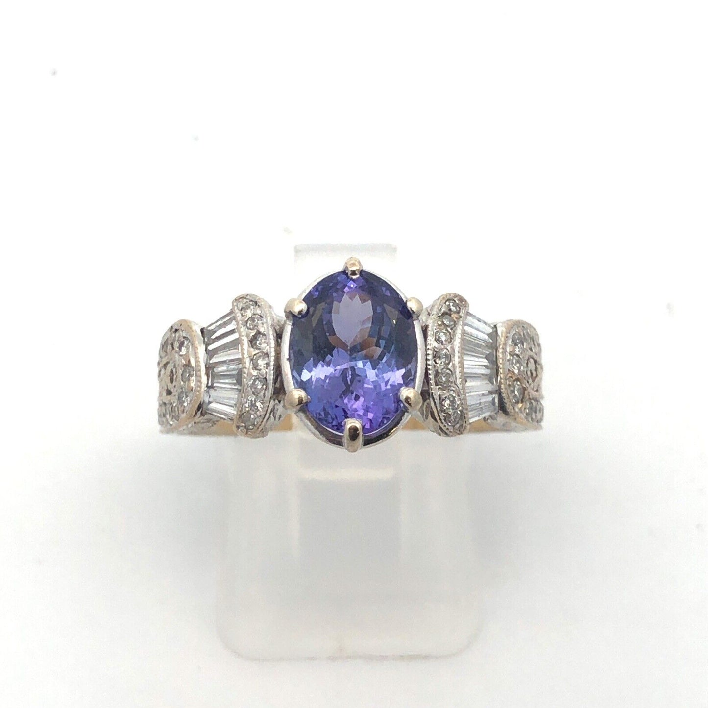 Designer 18K White Gold Oval Tanzanite Solitaire Diamond Accent Cocktail Ring