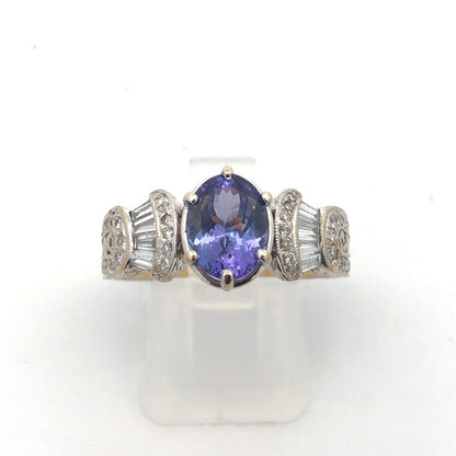 Designer 18K White Gold Oval Tanzanite Solitaire Diamond Accent Cocktail Ring