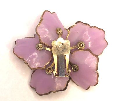 Mid Century Purple Lucite Large Flower Rhinestone Statement Clip-on Earrings
