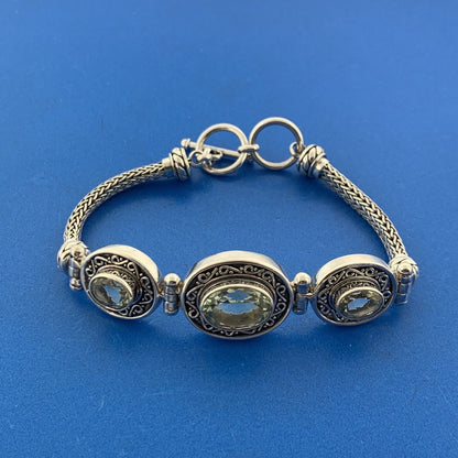 BA Suarti Sterling Silver Oval Prasiolite  Balinese Statement Toggle Bracelet