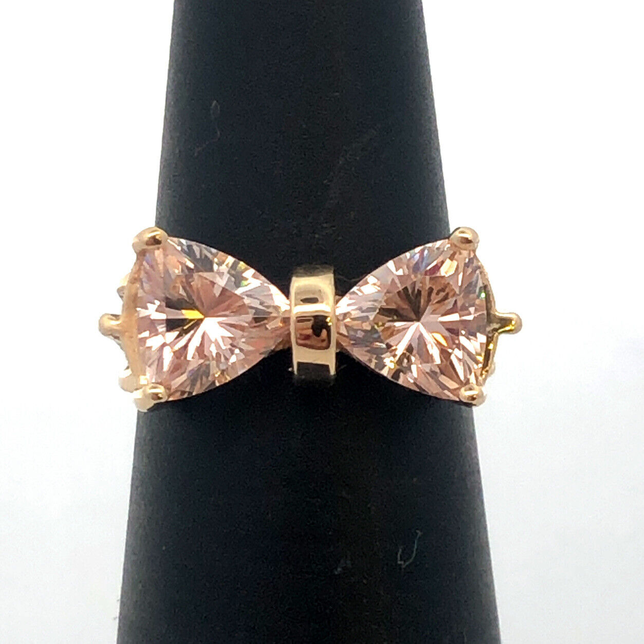 Designer RK 14K Yellow Gold Trillion Cut Cubic Zirconia Bow Shape Cocktail Ring