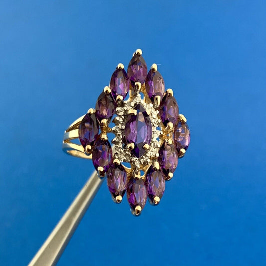 Gorgeous 10k Yellow Gold Marquise Purple Amethyst Diamond Accent Cluster Ring