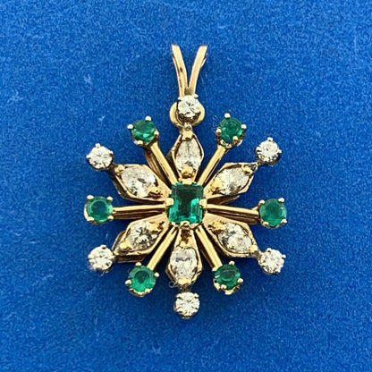 Vintage 14K Yellow Gold Diamond and Emerald Flower Snowflake Statement Pendant