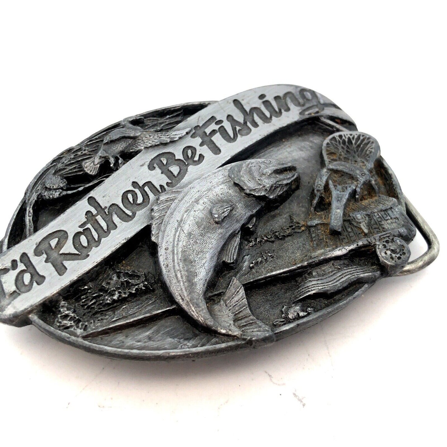 1985 Siskiyou Buckle Co “I'd Rather Be Fishing” Pewter Statement Belt Buckle