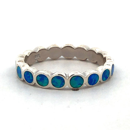 925 Sterling Silver Round Blue Opal Inlay Bubble Stackable Band Ring
