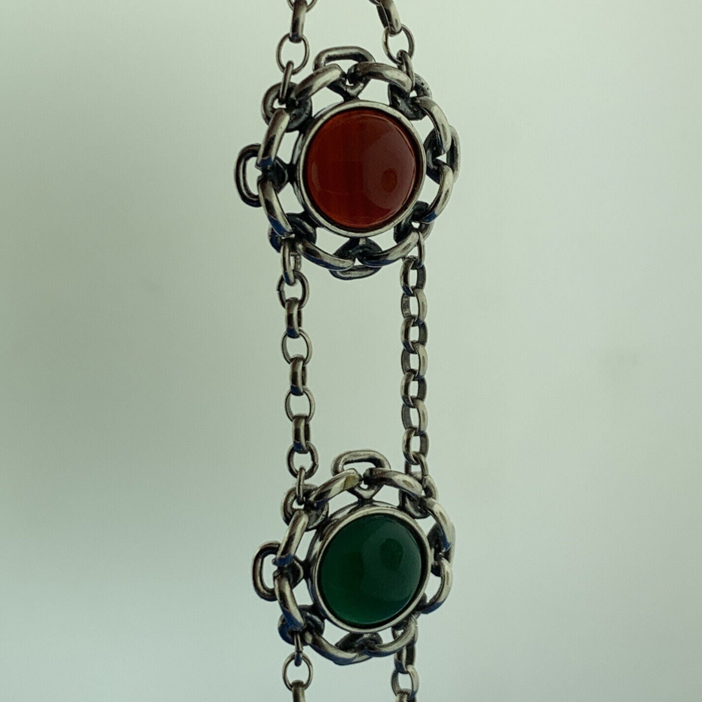 Vintage Italy Sterling Silver Red Carnelian Green Onyx Floral Toggle Bracelet