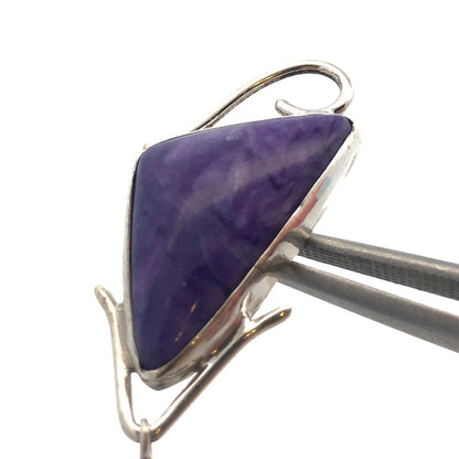 Vintage 925 Sterling Silver Triangle Charoite Amethyst Statement Stud Earrings