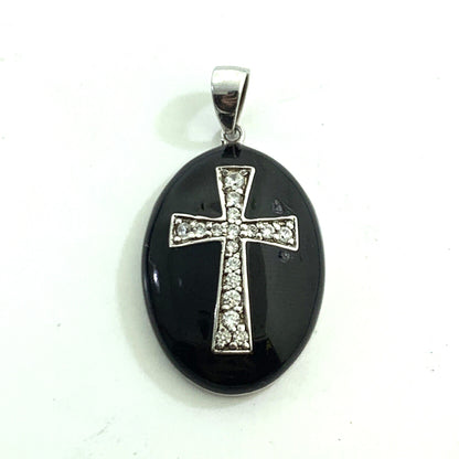 Designer 925 Sterling Silver Black Enamel Cubic Zirconia CZ Cross Pendant