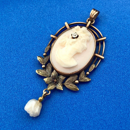 Victorian 10K Rose/Yellow Gold Pink Cameo Pearl Diamond Lavaliere Brooch Pendant