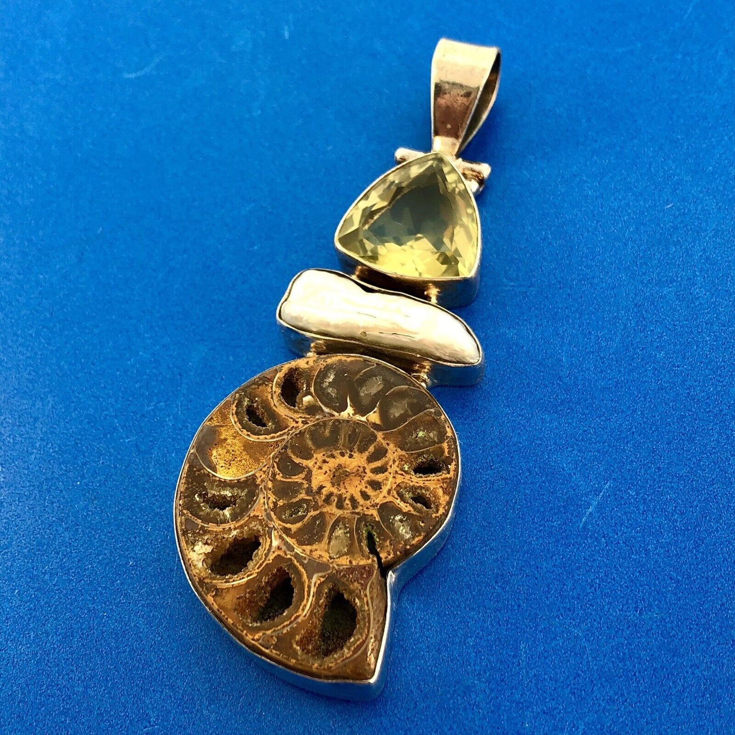 Sterling Silver 925 Lemon Quartz Mother Of Pearl Fossil Ammonite Large Pendant