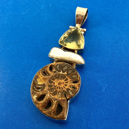 Sterling Silver 925 Lemon Quartz Mother Of Pearl Fossil Ammonite Large Pendant