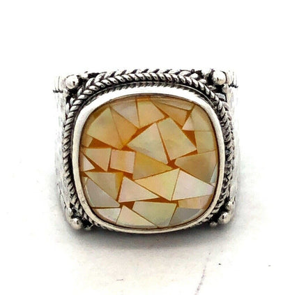 SARDA 925 Sterling Silver Mother of Pearl Mosaic Square Peaceful Heart Ring