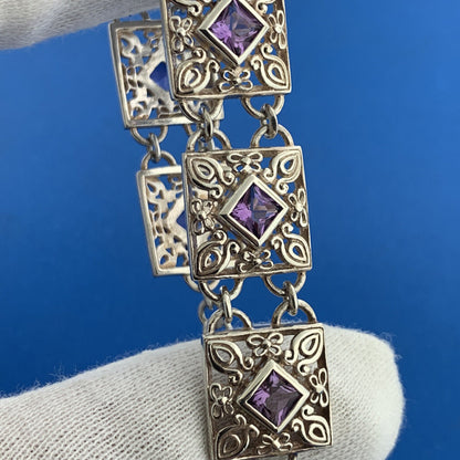 Designer Sterling Silver Square Amethyst Open Scroll Statement Tennis Bracelet