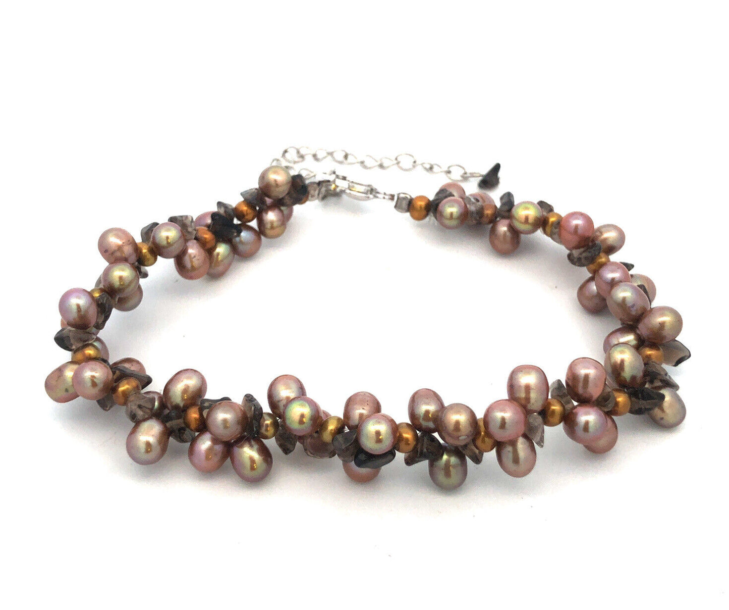 Designer 925 Sterling Silver Bronze Pearl Smoky Topaz Cluster Statement Bracelet