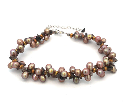 Designer 925 Sterling Silver Bronze Pearl Smoky Topaz Cluster Statement Bracelet