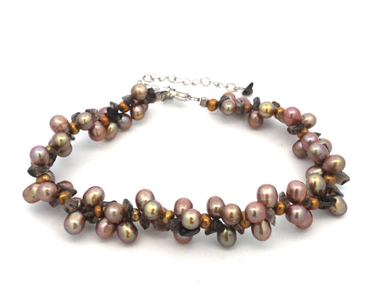 Designer 925 Sterling Silver Bronze Pearl Smoky Topaz Cluster Statement Bracelet
