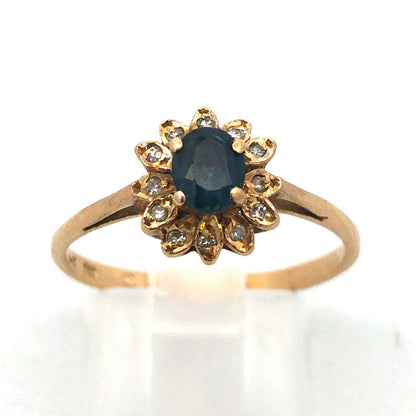 Vintage 14K Yellow Gold Sapphire Diamond Halo Promise December Cocktail Ring