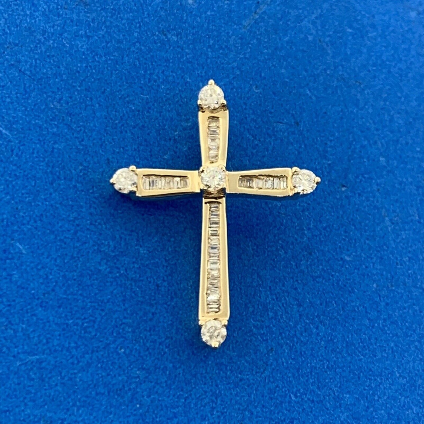 Designer 14K Yellow Gold Round And Baguette Diamond Cross Pendant