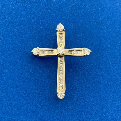 Designer 14K Yellow Gold Round And Baguette Diamond Cross Pendant