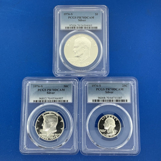 1976 S $1 Eisenhower 50c Kennedy 25c Washington PR70 DCAM PCGS Silver 3 Coin Set