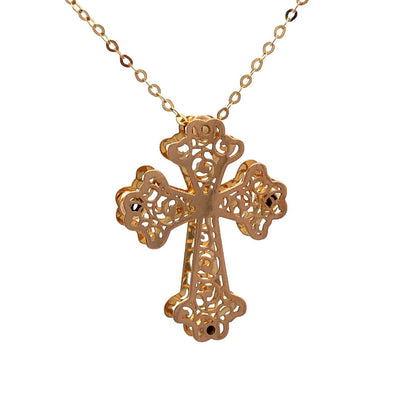 Estate Italy 14K Yellow Gold Open Work Scroll Cross Pendant Necklace