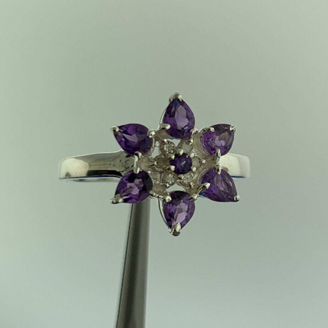 Designer Sterling Silver Amethyst Diamond Flower Cluster February Occasion Ring