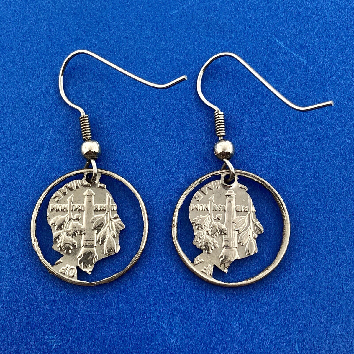 Estate Silver Tone Copper Nickel Roosevelt Dime Cutout Dangle Drop Earrings