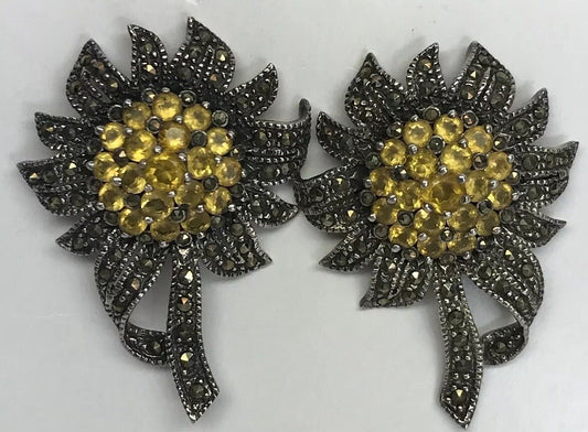 Art Deco Sterling Silver 925 Lemon Quartz Marcasite Sunflower Statement Earrings