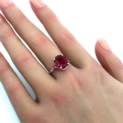 925 Sterling Silver Oval Ruby Solitaire Round Ruby Accented Cocktail Ring