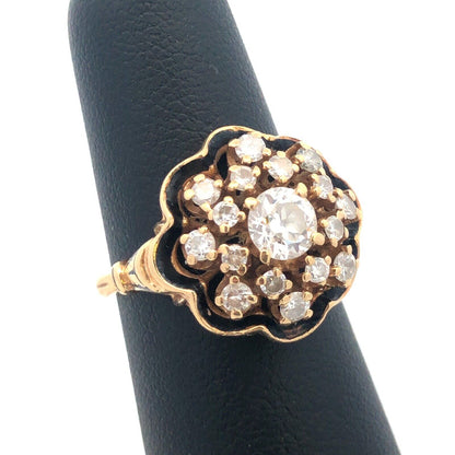 Gorgeous 14k Yellow Gold Diamond Black Enamel Georgian Cluster Ring Size 6.0