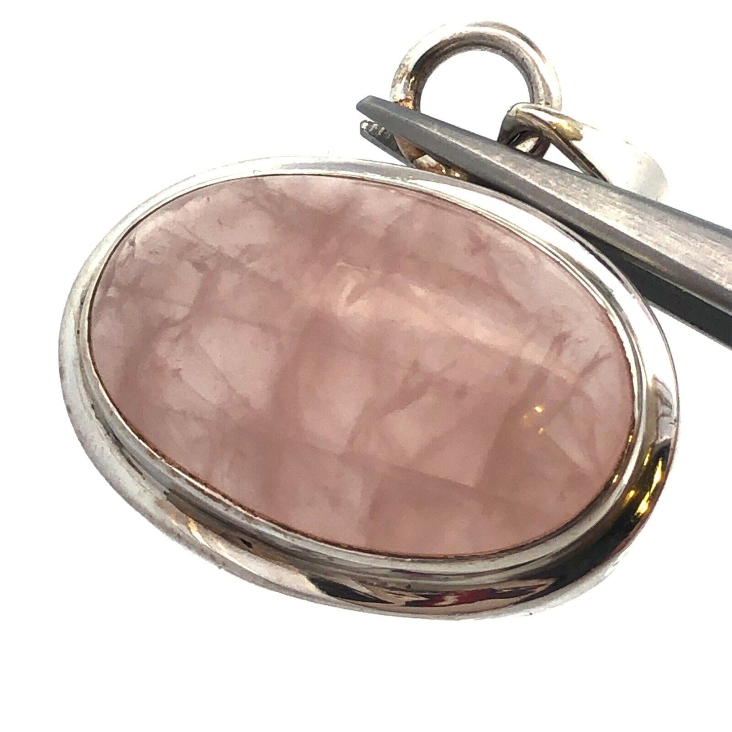Vintage 925 Sterling Silver Oval Rose Quartz Cabochon Statement Pendant