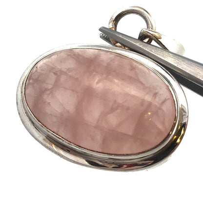 Vintage 925 Sterling Silver Oval Rose Quartz Cabochon Statement Pendant