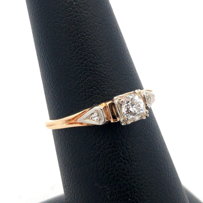 Estate 14K Yellow Gold Round Diamond Solitaire With Accents Engagement Ring