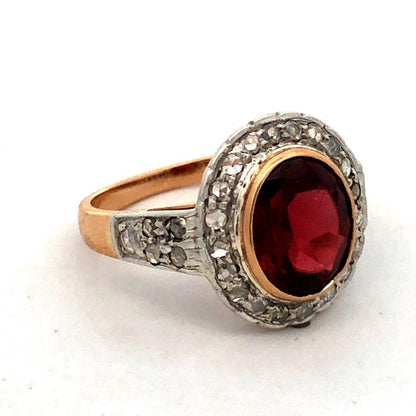 Vintage 18K Yellow Gold Oval Red Garnet Bezel Diamond Halo Cocktail Ring
