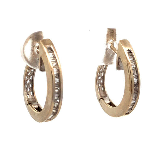 Designer 18K White Gold Baguette Diamond Channel Set Lever Back Hoop Earrings