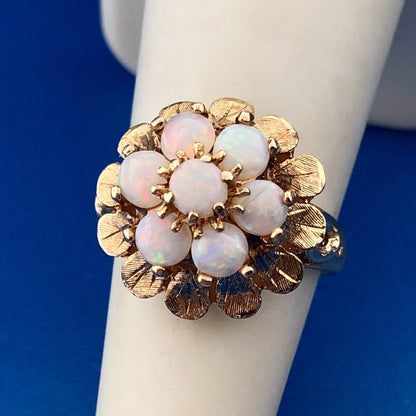 Vintage ESEMCO 14K Yellow Gold Opal Floral Cluster October Anniversary Ring