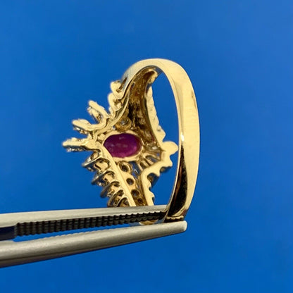 Vintage 14K Yellow Gold Oval Ruby Diamond Accented Cluster Bypass Cocktail Ring