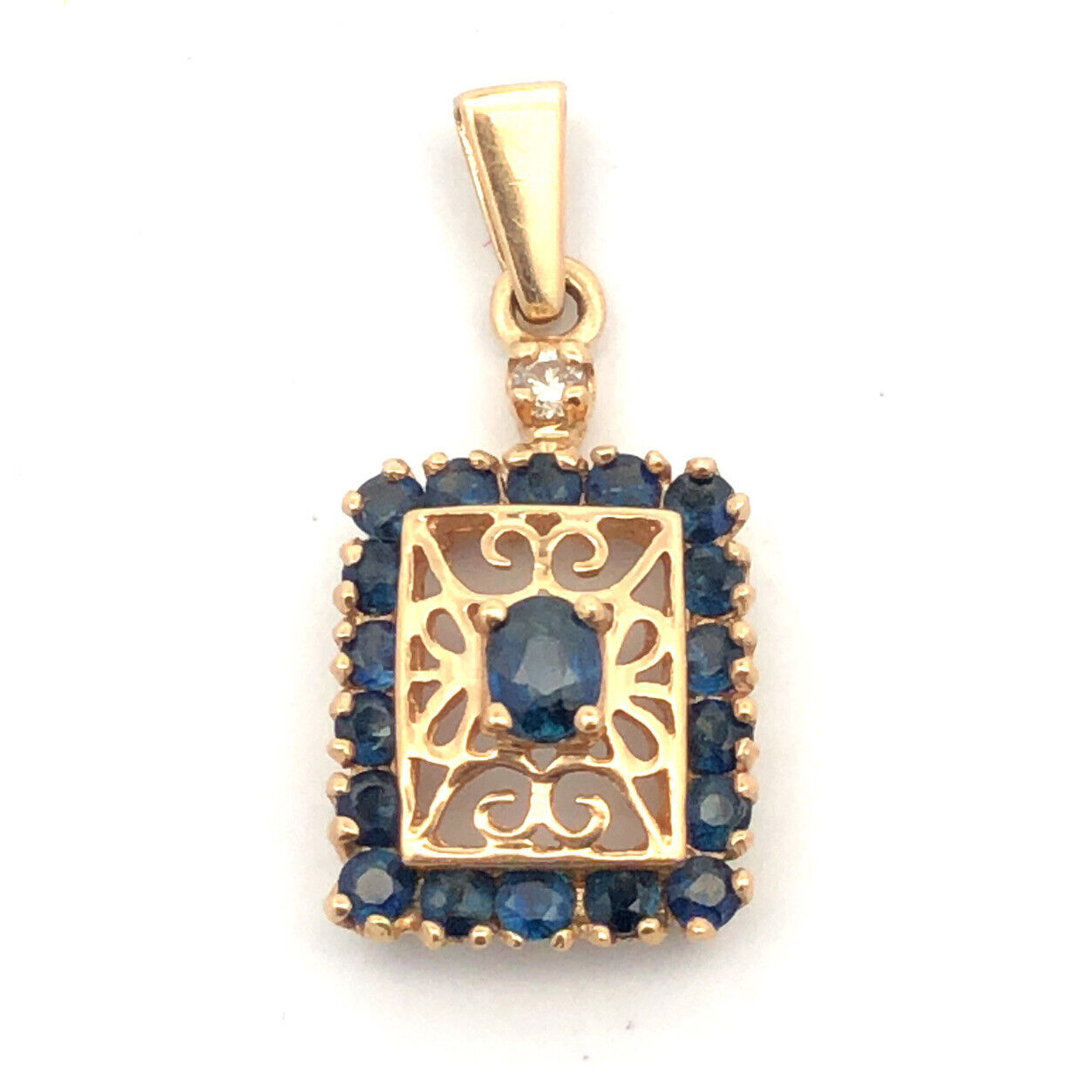 Designer 14K Yellow Gold Oval Sapphire Diamond Accented Filigree Pendant
