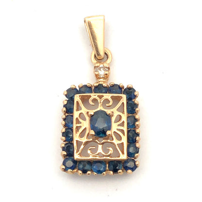 Designer 14K Yellow Gold Oval Sapphire Diamond Accented Filigree Pendant