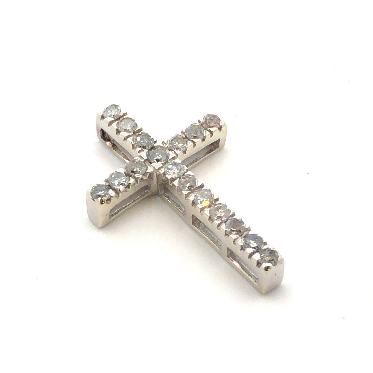 Designer 10K White Gold Round Diamond Cross Catholic Christian Pendant