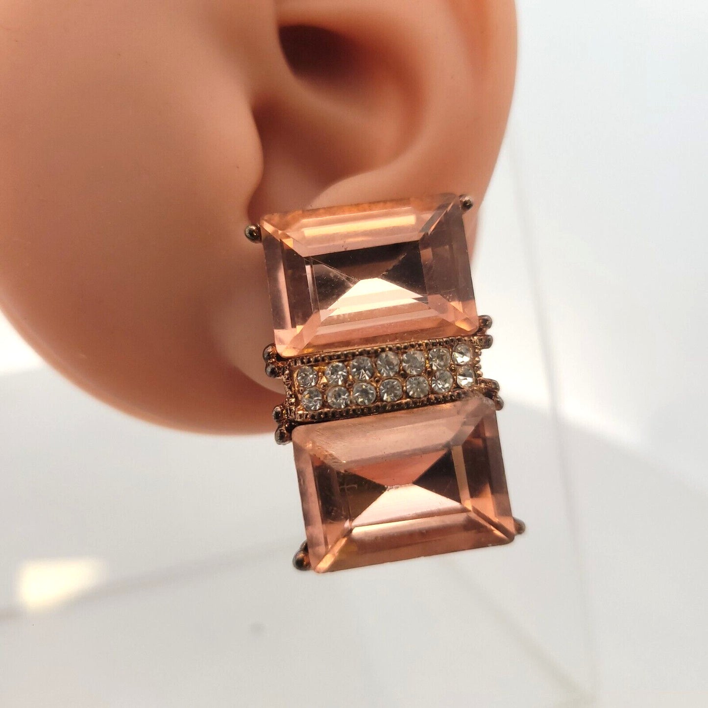 Vintage Copper Bronze Tone Pink & White Rhinestone Statement Clip On Earrings