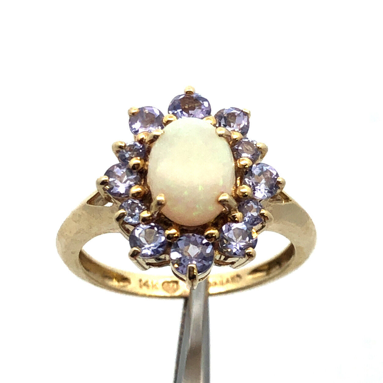 Designer 14K Yellow Gold Oval Opal Tanzanite Halo Statement Cocktail Ring